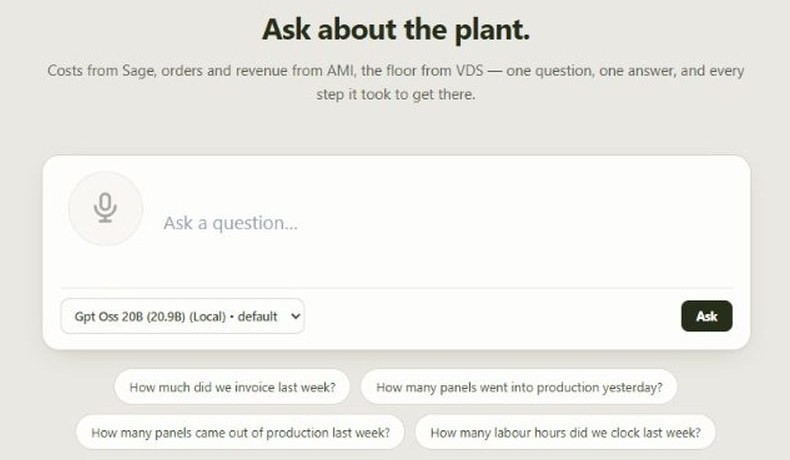 Ask VDS question box with example questions about invoicing, panels and labour hours